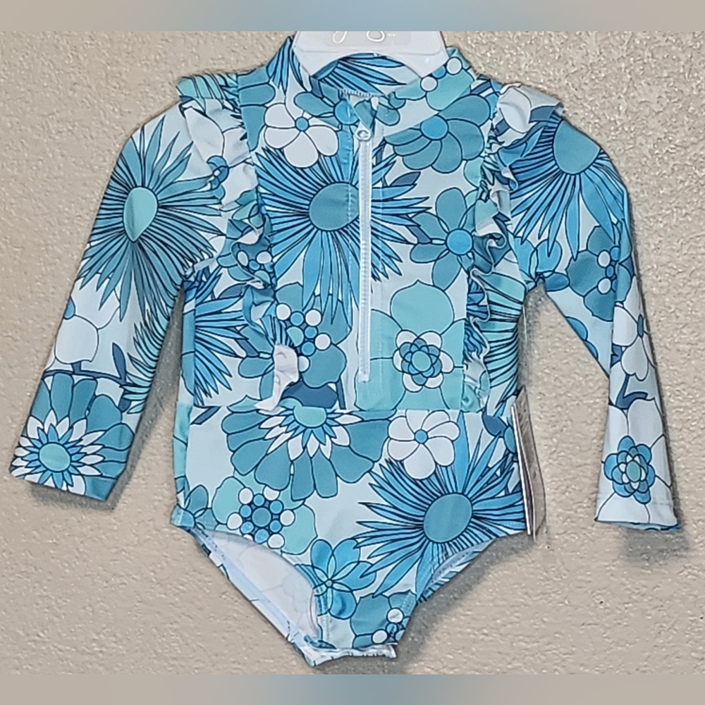 Jessica Simpson Girls Teal Floral One Piece Swimsuit With Bucket Hat Size 12M